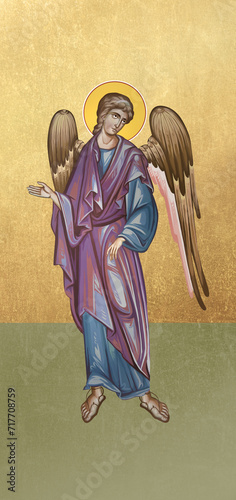 Traditional orthodox icon of Angel. Christian antique illustration on golden background in Byzantine style