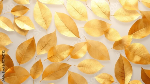 Golden Autumn Leaves Scattered Across a Neutral Background in Soft Lighting