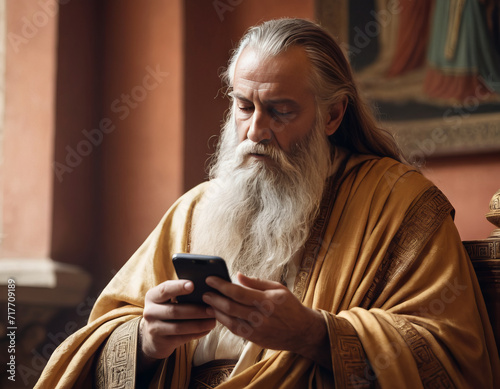Ancient Greek philosopher checks his smartphone indoors, photo realistic, anachronism. Generative AI