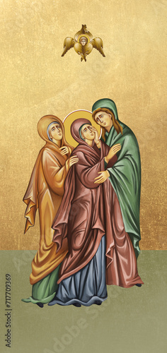 Traditional orthodox icon of Madonna. Holy God's mother and two saints. Christian antique illustration on golden background in Byzantine style