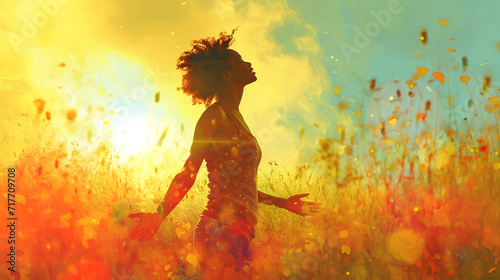 Young black ethnicity woman, looking at the sky and run across the meadow. Illustration. Concept a celebration of general health.
