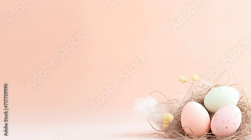 Three Eggs in Nest on Pink Background