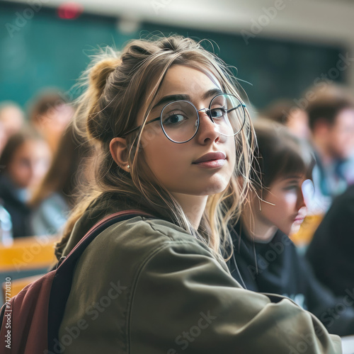 Girl With Glasses Sitting in Classroom, Learning and Studying Education
