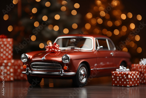 Vintage car with christmas tree and gifts on blurred background