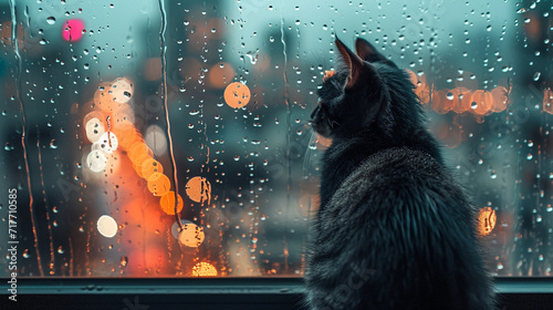 grey cat looks out the window where it is raining