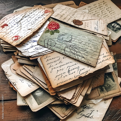 A collection of vintage postcards with faded handwritten messages of love, stacked together to tell tales from different eras