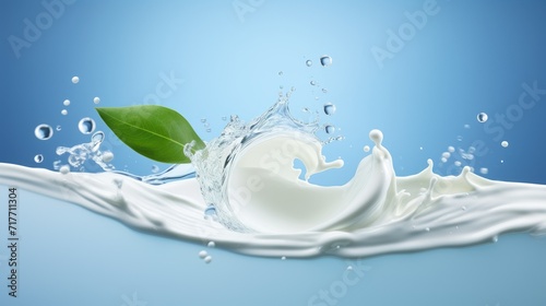 Splash of cosmetic cream skincare and green leaves on a light blue background. The concept of green cosmetics  organic natural facial cream  cosmetics with marin algae seaweed  and beauty industry