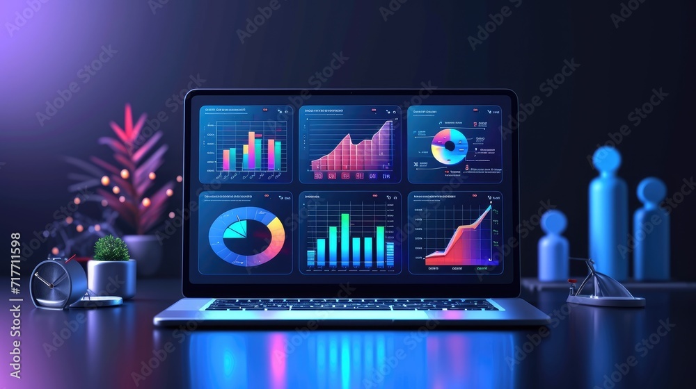 finance analytic dashboard management on 3D laptop - obrazy, fototapety, plakaty 