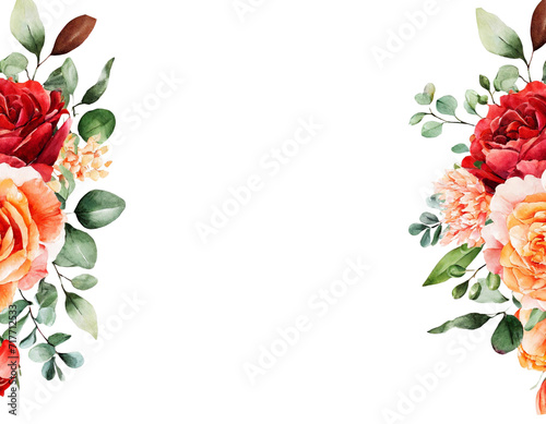 Watercolor floral illustration. Orange flowers eucalyptus greenery bouquet. Red roses, peach peony border, wreath, frame. Perfect for wedding invitation, stationary, greetings, fashion design