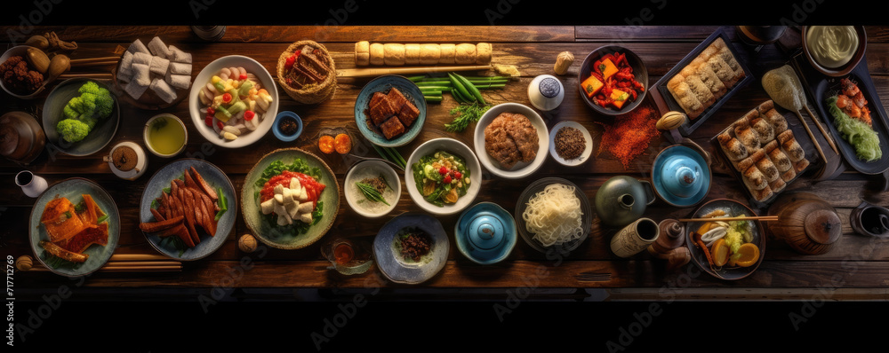 Assorted oriental traditional food. top view. panorama photo