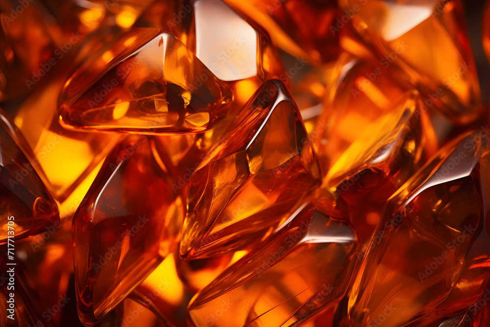 Close up of translucent fossilized orange resin Amber stones Close up of translucent fossilized orange resin Amber stones