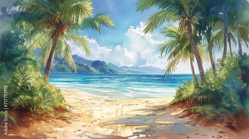 Watercolor style painting of a tropical beach with palm trees at the sea