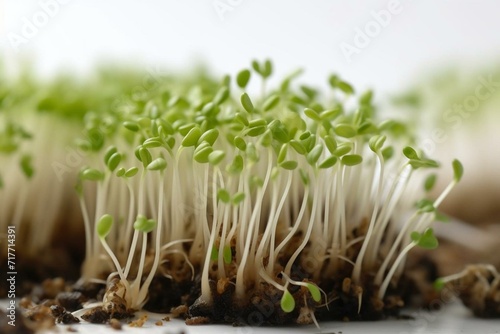 Macro image of green lentil sprouts on white background. French green lentil sprouts, also known as puy lentils. Healthy microgreen Lens Esculenta Puyensis seedlings and young plants. Generative AI photo