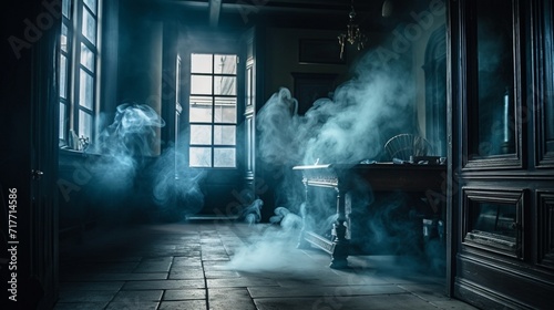 haunted hallway with blue smoke