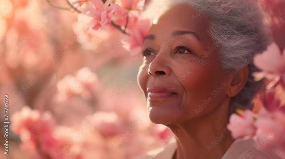 Obraz premium Concept a celebration of general health, portrait profile stylish elegant senior african american happy woman, among pink magnolia flowers