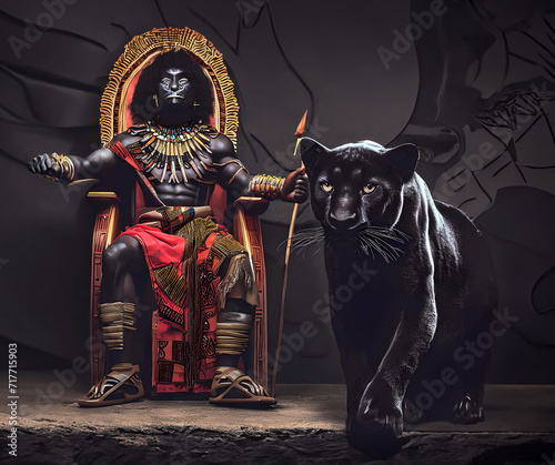 African tribal leader sitting in the throne in the company of a black panther. photo