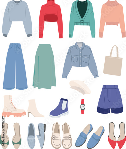 set of women's clothing in flat style, vector