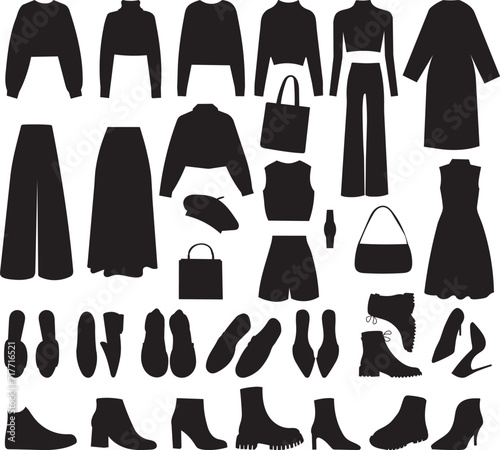 collection of women's clothing black silhouette, vector