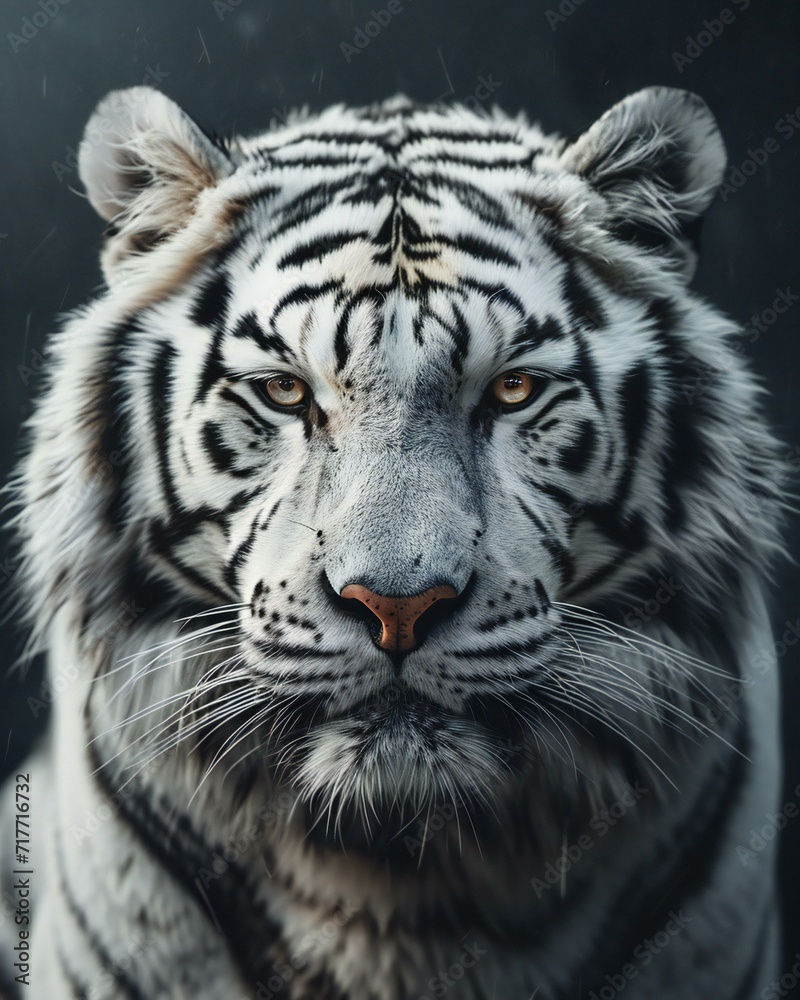 a close up of a white tiger with a black background
