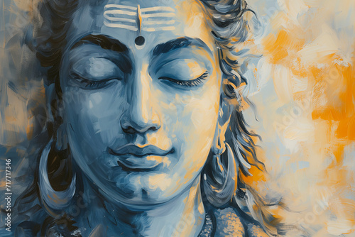 Watercolor Close-Up Portrait: Tranquil Depiction of Lord Shiva's Serene Expression with Closed Eyes, Capturing the Peaceful Essence of the Hindu Deity's Countenance in Exquisite Detail