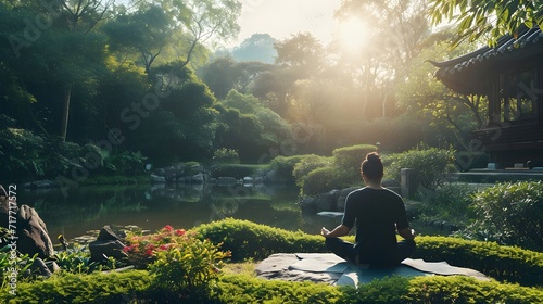 man sitting on the grass, serene image of a person meditating in a peaceful garden, representing the importance of mental health and mindfulness