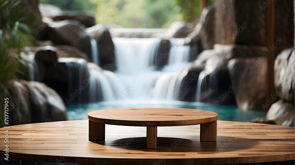 Empty Podium Display with a Mesmerizing Waterfall Background for product presentation or ad