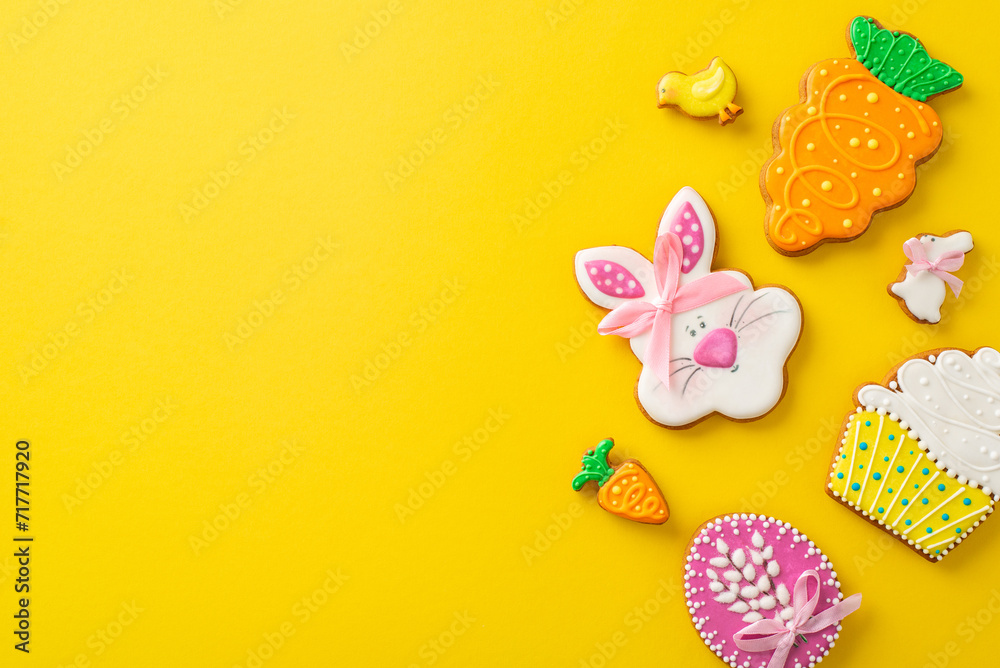 Easter-themed baking concept. Top view photo of a table set of playful themed shaped gingerbreads on a lively yellow surface. Great for advertising