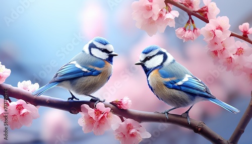 Title blue tits perched on blossoming cherry tree branch in garden with spring background © Aliaksandra