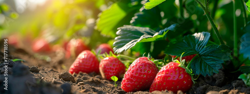 A lot of strawberries on the branches in the garden. Selective focus.