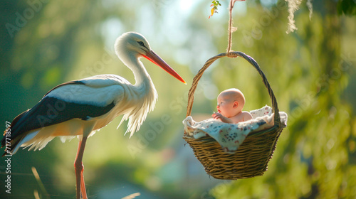 The stork carries a child. Selective focus.