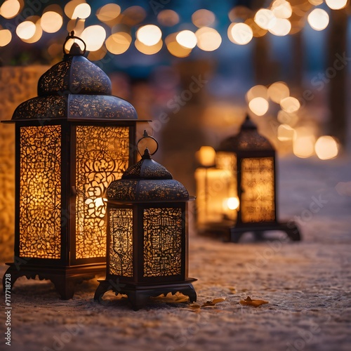 This image exquisitely captures the intimate essence of Eid Al-Fitr with a traditional lantern casting a warm glow over an ornate spread