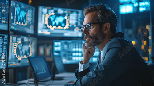 Professional Analyst Monitoring Data on Multiple Screens, A focused analyst sits in a high-tech control room monitoring live data on multiple computer screens at night. analyst; control room; multiple