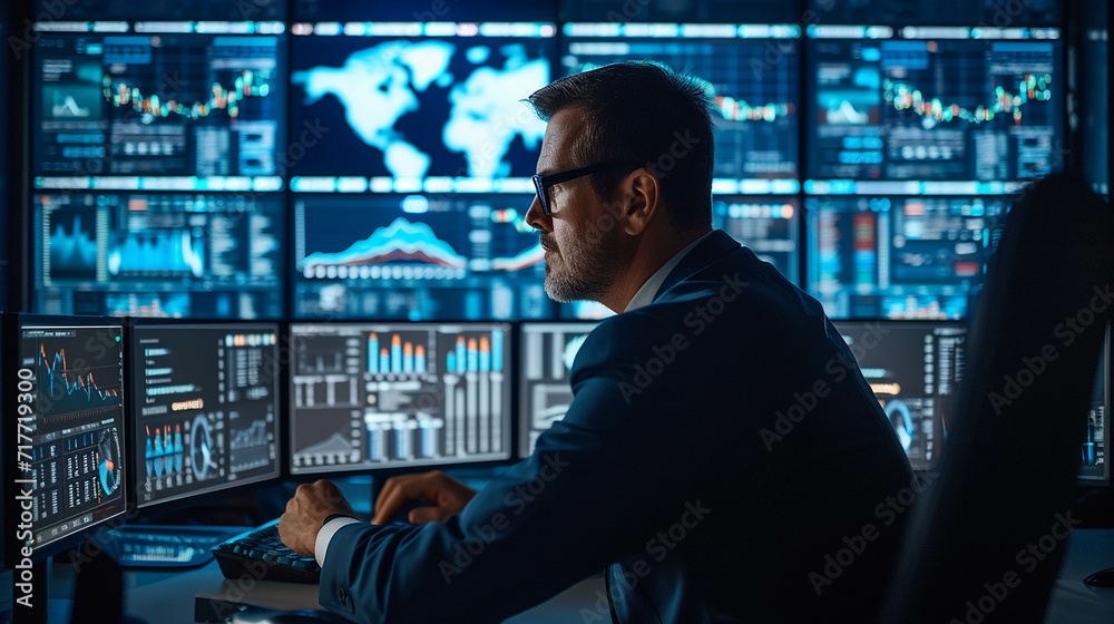 Professional Analyst Monitoring Data on Multiple Screens, A focused analyst sits in a high-tech control room monitoring live data on multiple computer screens at night. analyst; control room; multiple Professional Analyst Monitoring Data on Multiple Screens, A focused analyst sits in a high-tech control room monitoring live data on multiple computer screens at night. analyst; control room; multiple