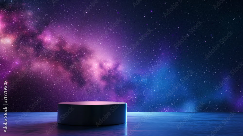 An empty black podium against the backdrop of blue purple outer space. for product display, Blank showcase, mock up template or cosmetic presentation. - obrazy, fototapety, plakaty 