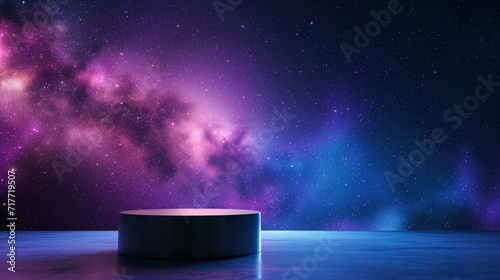 An empty black podium against the backdrop of blue purple outer space. for product display, Blank showcase, mock up template or cosmetic presentation.