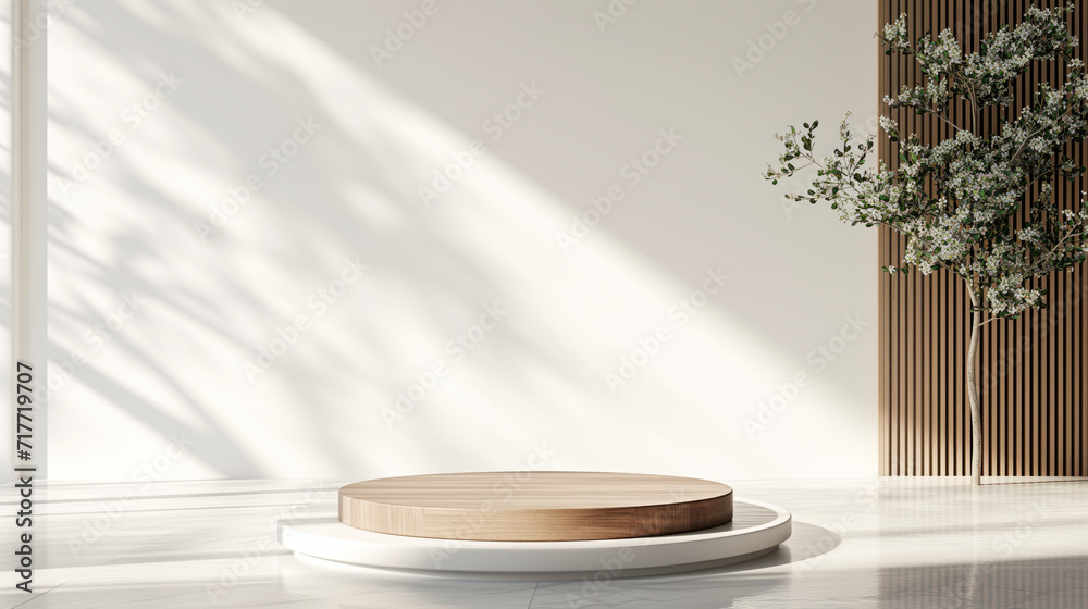 A light brown wooden podium on white minimal room with tree shadow background. Represent minimal, old money and quiet luxury. A light brown wooden podium on white minimal room with tree shadow background. Represent minimal, old money and quiet luxury.