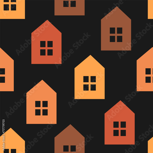 Seamless pattern with colorful house and black background