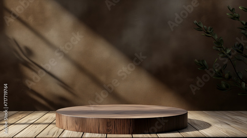 A light brown wooden podium on brown room with tree background. Represent minimal, old money and quiet luxury. Geometry exhibition stage mockup concept.