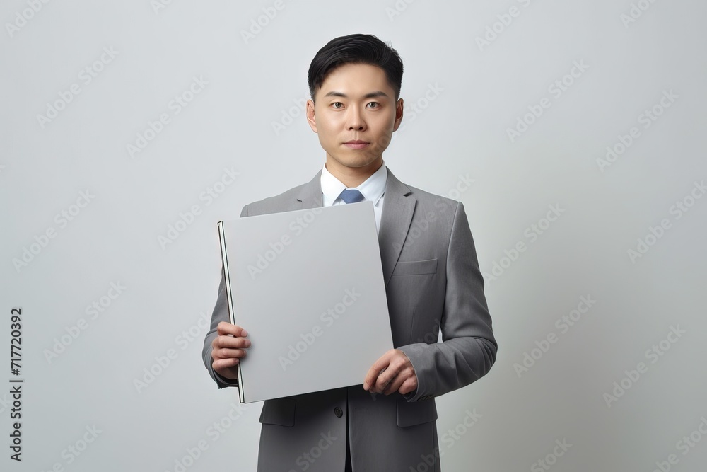 Portrait of working Japanese Businessman holding white board, studio shot Generative AI Portrait of working Japanese Businessman holding white board, studio shot Generative AI