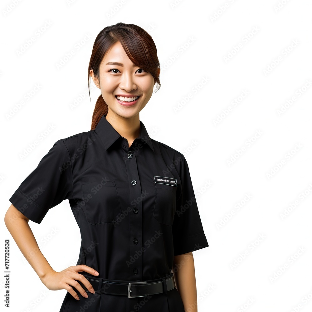 Portrait an explanation pointing with his hand Looking at the camera with a smile wearing shop uniform
