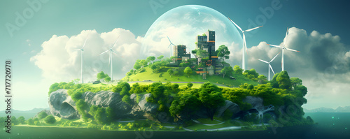 Green energy concept with a landscape featuring a turbine symbolizing renewable and sustainable energy sources, environmental protection, futuristic green environment, and eco-friendly solutions.