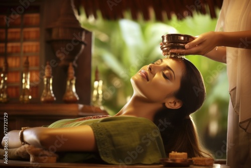 A woman undergoing Ayurvedic rejuvenation therapy in a spa photo