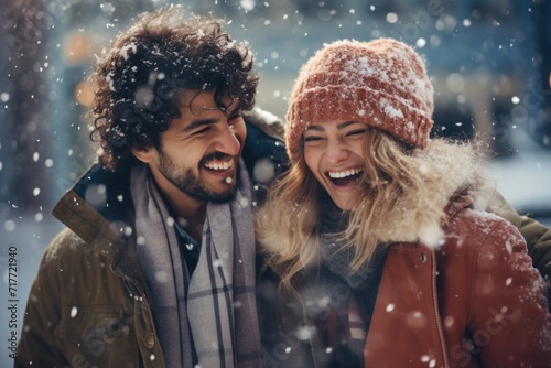 Joyful young couple having fun time in a snowy winter outdoor
