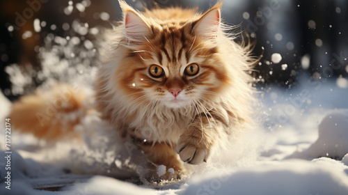 An orange and white cat running in the snow genre