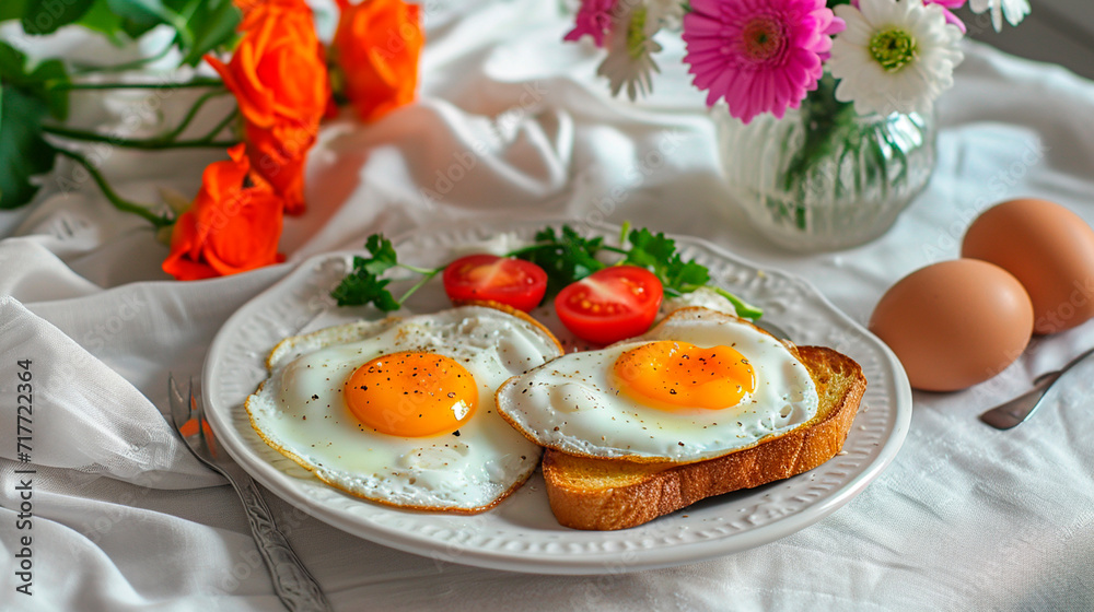 Scrambled eggs for breakfast on Valentine's Day. Selective focus. Scrambled eggs for breakfast on Valentine's Day. Selective focus.