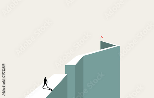 Business challenge and courage to overcome difficulty concept, businessman heading to cross broken road to destination, vector illustration.