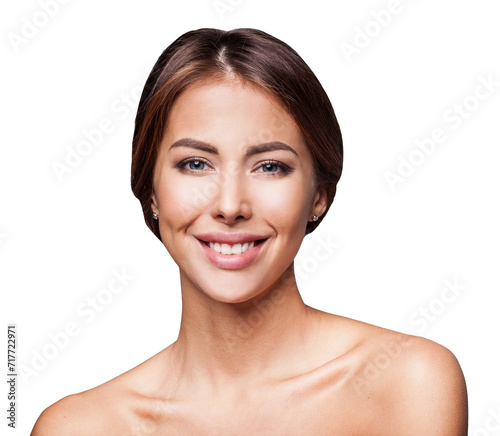 Studio portrait of a beautiful young woman with brown hair isolated transparent PNG. Pretty model girl with perfect fresh clean skin. Beauty and skin care concept