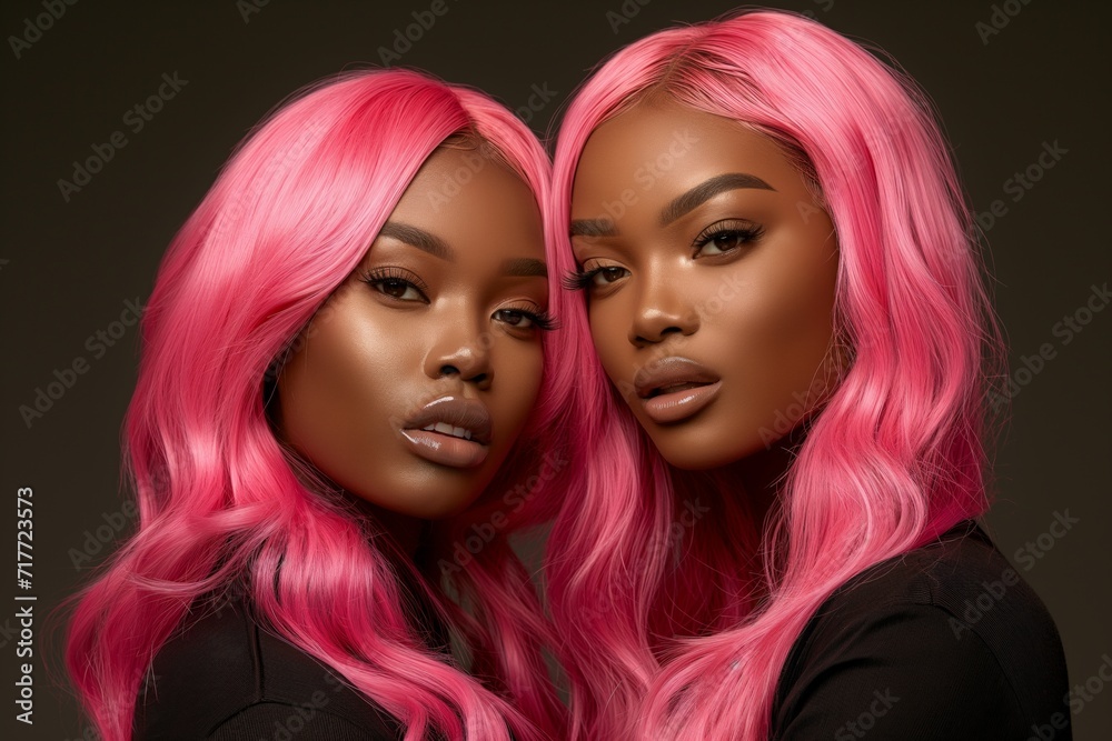 Two beautiful African American women models with pink hair. Beauty salon, hair coloring Two beautiful African American women models with pink hair. Beauty salon, hair coloring