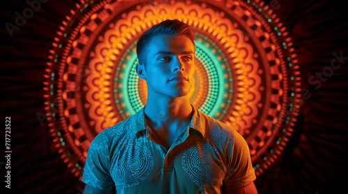 portrait of a young man in a shirt standing in front of a colorfull mandala.
