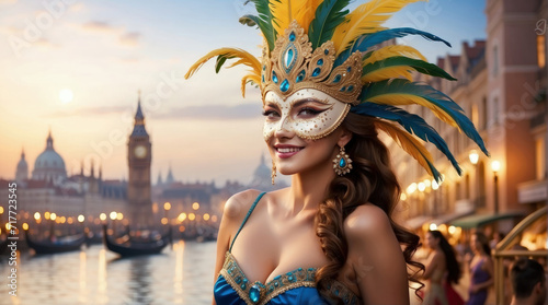 beautiful Female wearing venetian carnival mask and costume